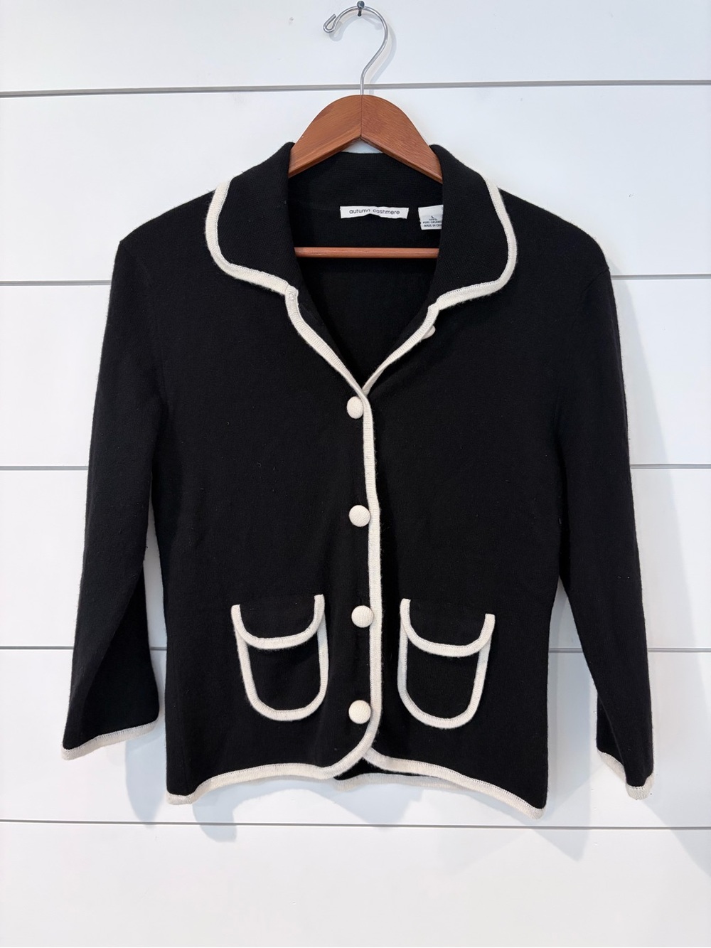Autumn Cashmere 100% Pure Cashmere Black Ivory Cardigan L Quiet Luxury Academia
